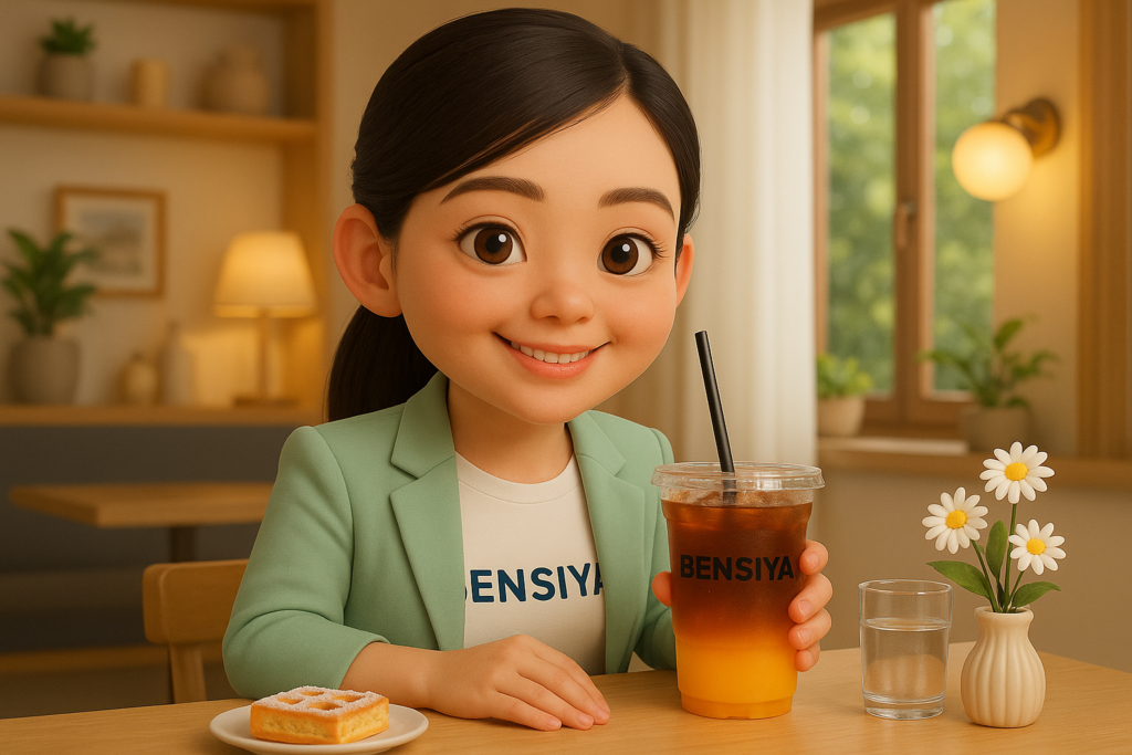 สร้างตัวการ์ตูนอนิเมชั่น 3 มิติแบบสมจริง สไตล์น่ารัก (3D Chibi Realistic Style) เป็นหญิงสาวอายุประมาณ 30 ปี ผิวขาวอมชมพู ใบหน้าสวย ยิ้มอย่างมีความสุข ดวงตากลมโต ผมยาวรวบผมเรียบร้อย สวมเสื้อยืดสีขาวมีตัวอักษรคำว่า "BENSIYA" และสวมเสื้อสูทสีเขียวมิ้นอ่อน ๆ กำลังนั่งอยู่ที่โต๊ะไม้ในบ้านที่มีบรรยากาศอบอุ่น น่ารัก เป็นกันเอง เธอกำลังถือแก้วอเมริกาโน้ น้ำส้มที่มีหลอดสีดำ แก้วมีข้อความว่า "BENSIYA" พิมพ์ชัดเจน บนโต๊ะมีวางขนมอบชิ้นหนึ่งบนจานเล็ก มีแก้วน้ำเปล่าใส และแจกันดอกเดซี่เล็ก ๆ อยู่ข้าง ๆ พื้นหลังเป็นภายในบ้าน มีหน้าต่างเปิดให้เห็นต้นไม้ภายนอก มีชั้นวางของและโคมไฟเพิ่มความรู้สึกอบอุ่น แสงสว่างเป็นธรรมชาติ ภาพรวมดูเป็นมืออาชีพ สดใส และดูเป็นกันเอง ขนาดภาพ 16:9