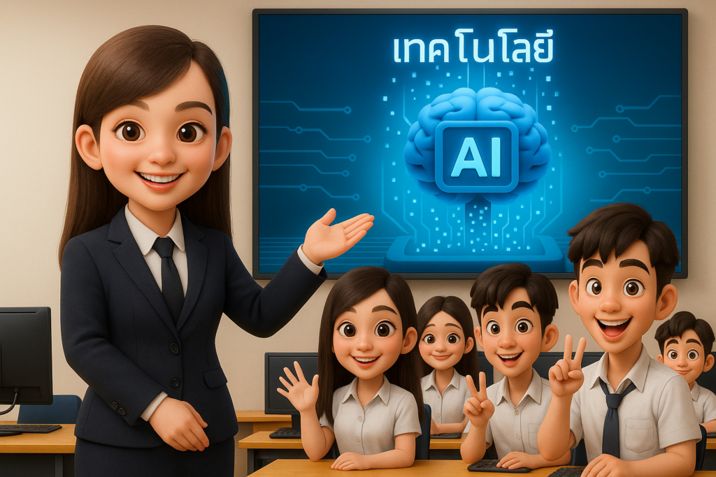 ภาพแสดงการ์ตูน 3 มิติ แบบ realistic แนว chibi โดยบุคคลใช้ลักษณะใบหน้าอ้างอิงจากรูปภาพที่ส่งไปให้ ให้มีอายุ 25 ปี โดยให้เป็นครูสวมชุดสูท RMUTT ใบหน้าสดใสผุดผ่อง ให้ปาก แก้ม หน้าผาก จมูก มีแสงกระทบสวยงามพอดี สีผิวออกขาวใส ผ่อง ใบหน้าอมชมพู มีเลือดฝาด ใบหน้ายิ้มแย้มแจ่มใส ดูหน้าตามีความสุข แบบตื่นเต้น โดยมีผายมือไปทางหน้าจอ มีกับนักศึกษาระดับมหาวิทยาลัยโดยมีนักศึกษาหญิง นักศึกษาชาย 4-5 คน ชายหญิงสลับกันไป ใบหน้าแตกต่างกัน โดยนักเรียนทุกคนใส่ชุดนักศึกษาทำลักษณะหน้าตาที่แตกต่างกัน ทุกคนมีใบหน้าแจ่มใส่ มีชีวิตชีวา ตื่นเต้น บรรยากาศอยู่ในห้องเรียนคอมพิวเตอร์ มีตัวอักษรแสดงใน ทีวีขนาดใหญ่ ที่หน้าชั้น เป็นตัวอักษรลักษณะ LED เรืองแสง สีขาว มีภาพหน้าจอเป็นเทคโนโลยี AI เป็นแบบสามมิติ แบบคมชัดภาพชัดเจน ทุกอย่างให้ใช้ฟอนต์ Kanit สีฟ้าเรืองแสง โดยให้มี ขนาดภาพ 16:9 แบบคมชัด 