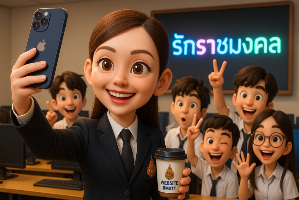ภาพแสดง ช่วยสร้างภาพเป็นการ์ตูน 3 มิติ แบบ realistic แนว chibi โดยบุคคลใช้ลักษณะใบหน้าอ้างอิงจากรูปภาพที่ส่งไปให้ ให้มีอายุ 25 ปี โดยให้เป็นครูสวมชุดสูท RMUTT ใบหน้าสดใสผุดผ่อง ให้ปาก แก้ม หน้าผาก จมูก มีแสงกระทบสวยงามพอดี สีผิวออกขาวใส ผ่อง ใบหน้าอมชมพู มีเลือดฝาด ใบหน้ายิ้มแย้มแจ่มใส ดูหน้าตามีความสุข แบบตื่นเต้น โดยมีท่าทางยืนตรง โดยมือซ้ายถือโชว์แก้วกาแฟพันธุ์ไทย ที่มีชื่อติดไว้ด้านล่างโลโก้ว่า "WEBSITE RMUTT" มีควันออกเบาๆ มือขวา ถือ iphone 16 pro max ทำท่าทางกำลังถือมือยกขึ้นสูง เพื่อทำการถ่ายรูปแนวเซลฟี่กับนักเรียน โดยมีนักศึกษาหญิง นักศึกษาชาย 4-5 คน ชายหญิงสลับกันไป ใบหน้าแตกต่างกัน โดยนักเรียนทุกคนใส่ชุดนักศึกษาทำลักษณะหน้าตาที่แตกต่างกัน ในท่าแอคชั่นที่หลากหลาย ดูเทห์ไม่เหมือนใคร ทุกคนมีใบหน้าแจ่มใส่ มีชีวิตชีวา ตื่นเต้น บรรยากาศอยู่ในห้องเรียนคอมพิวเตอร์ มีตัวอักษรแสดงใน ทีวีขนาดใหญ่ ที่หน้าชั้น เป็นตัวอักษรลักษณะ LED เรืองแสง หลากสีว่า "รักราชมงคล" ทุกอย่างให้ใช้ฟอนต์ Kanit สีฟ้าเรืองแสง โดยให้มี ขนาดภาพ 16:9 แบบคมชัด