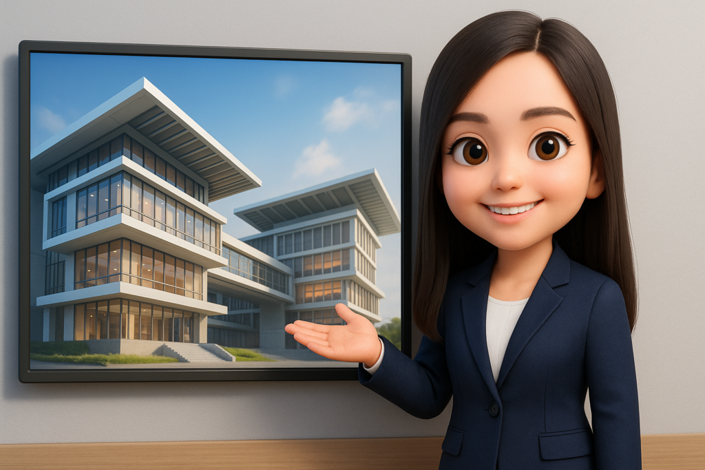 เปลี่ยนเป็นภาพการ์ตูน Figure 3D ใส่ชุดสูทสีน้ำเงินเข้ม เสื้อด้านในเป็นสีขาว ยืนข้างจออัจฉริยะแบบติดผนังที่มีฉากหลังในจอเป็นสถาปัตกรรมอาคาร ขนาดภาพ 16:9