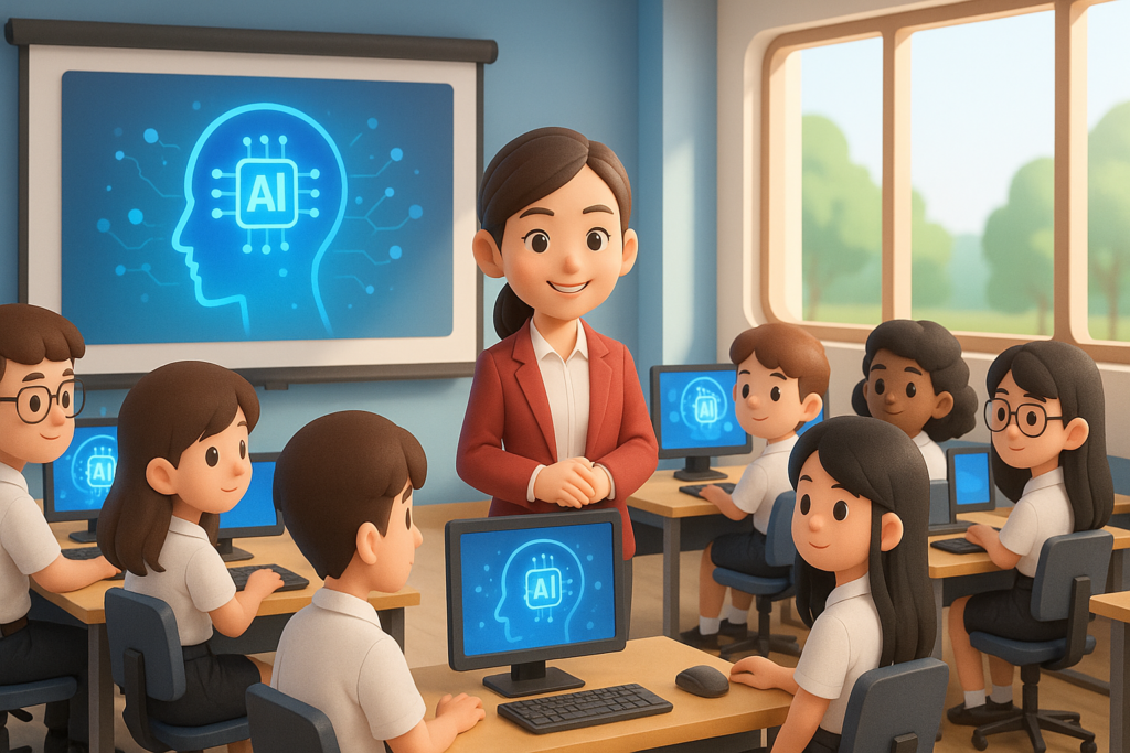 สร้างภาพสไตล์น่ารักแบบ 3D ห้องเรียนขนาดใหญ่ ในมหาวิทยาลัยเทคโนโลยีราชมงคลธัญบุรี (RMUTT) มีนักศึกษาชาย และหญิงนั่งฟังอาจารย์บรรยาย นักศึกษาใส่ชุดนักศึกษาเสื้อสีขาวผู้ชายใส่กางเกงสีดำ ผู้หญิงใส่กระโปรง แสงธรรมชาติส่องเข้ามาทางหน้าต่าง โดยสร้างภาพหน้าอาจารย์ผู้หญิงหน้าตาเสมือนรูปสุดท้ายที่ส่งไป โดยให้อาจารย์ใส่สูทสีแดง เสือด้านในสีขาว ยืนอยู่หน้าชั้นเรียน ห้องเรียนเป็นห้อง Lab Computer ที่มีความทันสมัย วันนี้ครูมาแนะนำวิธีการใช้งาน AI ที่เหมาะสม โดยไม่ต้องมีข้อความและ LOGO ใส่เพียงภาพเทคโนโลยี AI ที่หน้าจอ โปรเจคเตอร์ ใบหน้าของครูสมส่วนดูชัดเจน ขนาดภาพ 16:9