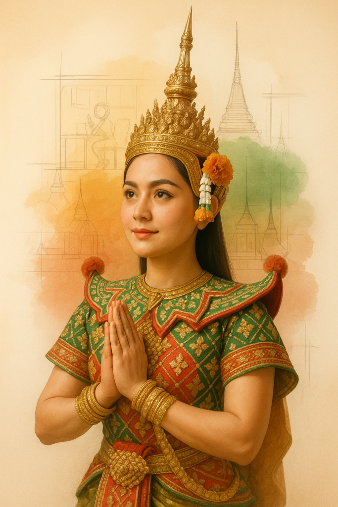 สร้างภาพหญิงไทยในชุดโขนแบบไทยโบราณ ใส่มงกุฎและเครื่องประดับครบชุด กำลังยกมือไหว้ในท่าประนม พื้นหลังเป็นภาพวาดแบบสเก็ตช์ทางสถาปัตยกรรม มีการผสมผสานลายเส้นแบบร่าง (blueprint) กับศิลปะไทย ใช้โทนสีอบอุ่น (แดง, เขียว, ส้ม) และมีแสงนุ่มนวล สไตล์ภาพผสมผสานความเป็นไทยร่วมสมัยและเทคโนโลยี มุมมองแบบแนวตั้ง ขนาด 9:16 คุณภาพสูง สไตล์ภาพถ่ายเชิงศิลป์