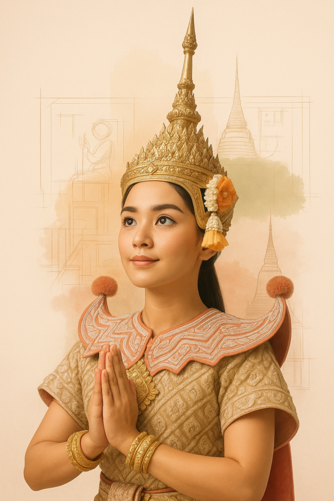 สร้างภาพหญิงไทยในชุดโขนแบบไทยโบราณ ใส่มงกุฎและเครื่องประดับครบชุด กำลังยกมือไหว้ในท่าประนม พื้นหลังเป็นภาพวาดแบบสเก็ตช์ทางสถาปัตยกรรม มีการผสมผสานลายเส้นแบบร่าง (blueprint) กับศิลปะไทย ใช้โทนสีอบอุ่น (แดง, เขียว, ส้ม) และมีแสงนุ่มนวล สไตล์ภาพผสมผสานความเป็นไทยร่วมสมัยและเทคโนโลยี มุมมองแบบแนวตั้ง ขนาด 9:16 คุณภาพสูง สไตล์ภาพถ่ายเชิงศิลป์