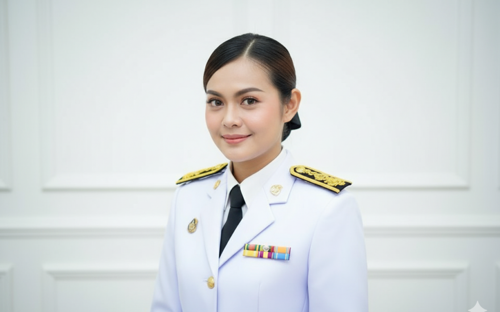 เปลี่ยนภาพนี้เป็นภาพถ่ายพอร์ตเทรตแบบสมจริงระดับสตูดิโอ (photorealistic studio portrait), ครูหญิงชาวไทยรูปลักษณ์สุภาพ (หน้าตาเหมือนในภาพที่อัพโหลด 100%) นั่ง/ยืนตรง มองกล้อง สีหน้านุ่มนวลมั่นใจ ยิ้มบาง ๆ, ทรงผมแสกกลาง เก็บผมตึงเรียบมวยต่ำ ผูกริบบิ้นสีดำด้านหลัง, เมคอัพธรรมชาติผิวใสอมชมพู, ใส่ ชุดข้าราชการครูปกติสีขาว เสื้อคอปกมีกระดุมทอง เนคไทสีดำ บ่าอินธนูสีทองลายละเอียดคมชัด ตราปัก/เข็มกลัดราชการบนอกซ้าย และ แถบเครื่องหมาย (ribbon bars) หลายสีบนอกขวา ตำแหน่งถูกต้อง, องค์ประกอบครึ่งตัว (mid-shot) ตั้งแต่ช่วงอกขึ้น, กล้องทางยาวโฟกัส 85mm, f/2.0, ISO 100, DOF ตื้น โบเก้เนียน, แสงสตูดิโอ soft key 45° + fill ด้านตรงข้าม + hair light เบา ๆ ให้ไหล่และทรงผมแยกจากฉาก, white balance 5400K, ฉากหลังสตูดิโอสีขาวเรียบ มีเส้นบัวผนังจาง ๆ เบลออย่างเป็นธรรมชาติ, โทนสีสะอาด สุภาพ ทางการ, รายละเอียดผิว เนื้อผ้า โลหะอินธนูและกระดุมคมกริบ ไม่มีนอยส์ ไม่มีอาร์ติแฟกต์, high dynamic range, คมชัดระดับ 4K, 300 DPI, อัตราส่วน 9:16 (แนวตั้ง) Negative prompt (กันภาพเพี้ยน): หน้าตาเหมือนต้นฉบับ, ไม่มีตัวอักษร/ลายน้ำ/โลโก้เกินจริง, ไม่บิดเบี้ยว, ไม่มือ/นิ้วเกิน, ไม่เงาแข็งบนใบหน้า, ไม่โอเวอร์สกิน/ผิวพลาสติก, ไม่สลับข้างของริบบิ้นและเข็มกลัด, ไม่เปลี่ยนสีชุด/เนคไท, ไม่แสงแฟลร์รบกวน ภาพที่ 2 เปลี่ยนเป็นท่าทางหันหน้าตรง ภาพที่ 3 เปลี่ยนเป็นท่าทางกอดอก ภาพที่ 4 เปลี่ยนท่าเอายกขวาไหว้