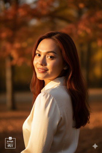 Portrait & Fashion Elegant Portrait A photorealistic portrait maintaining exact facial structure and features from reference image 100%. Young woman with flowing auburn hair, wearing vintage cream silk blouse. She looks over her shoulder with gentle smile, golden hour lighting casting warm shadows. Keep identical eye shape, nose structure, lip formation, and jawline as original. Background features soft bokeh with autumn leaves.