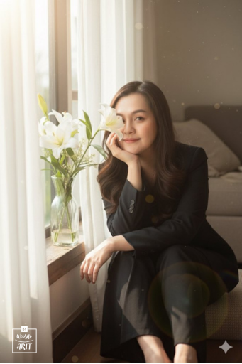 Portrait Photography Soft Sunlight Window Scene A realistic image of the woman sitting by a window, her long dark wavy hair falling over her shoulders. She rests her chin gently on her hand, gazing softly at the camera. A white flower covers one eye. A vase of lilies sits on the window ledge, with sunlight streaming through sheer curtains, creating a peaceful and natural glow.