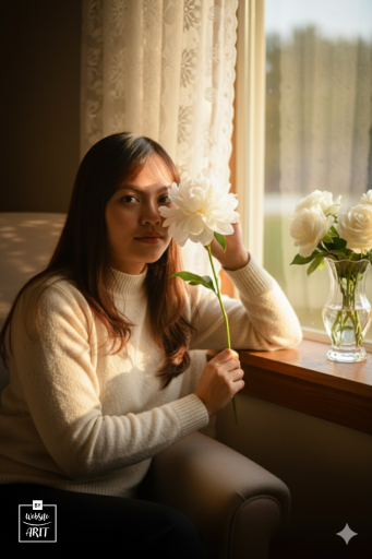Golden Hour Romance A serene woman with flowing auburn hair sits by a large window during golden hour. She delicately holds a single white peony near her face, partially obscuring one eye. Her other hand rests gracefully on the windowsill beside a crystal vase filled with white roses. Warm golden sunlight filters through lace curtains, casting gentle shadows across her features. She gazes dreamily toward the camera with a soft, contemplative expression.
