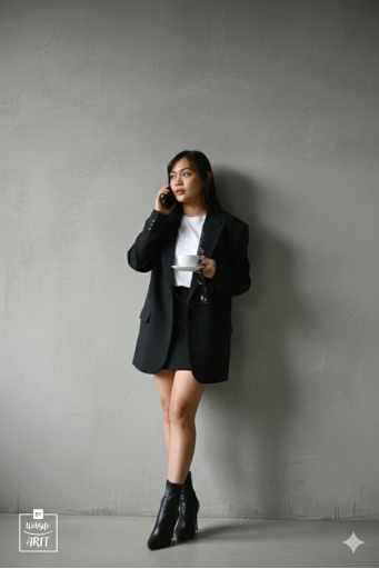 Create an image from an original portrait (100% facial details captured). The person is standing relaxed against the wall, shoulders against the wall, back slightly tilted, inside a photography studio, side view, soft studio lighting, emphasizing shadows and dimensions. One hand is holding an iPhone to the ear, the other hand is holding a cup of hot coffee. Dressed in an oversized black blazer, white top, black skirt, high heeled boots, holding a pair of fashionable sunglasses. The overall feeling is luxurious, cool, and mysterious. The style is neat and minimal, but still fierce and elegant. Image size 10:15
