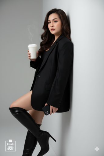 Portrait of beautiful Asian woman leaning against grey studio wall, long wavy dark brown hair, wearing oversized black blazer mini dress, no shirt, black leather ankle boots with high heels, one hand holding a white paper coffee cup, the other hand holding a black phone and sunglasses, confident pose, slightly turned to the side, looking at the camera with sexy eyes, background is a plain grey studio wall, soft studio light creates beautiful shadows and dimensions, modern atmosphere, minimal, luxurious, fashion style. Image size 10:15.