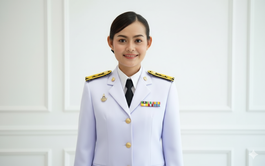เปลี่ยนภาพนี้เป็นภาพถ่ายพอร์ตเทรตแบบสมจริงระดับสตูดิโอ (photorealistic studio portrait), ครูหญิงชาวไทยรูปลักษณ์สุภาพ (หน้าตาเหมือนในภาพที่อัพโหลด 100%) นั่ง/ยืนตรง มองกล้อง สีหน้านุ่มนวลมั่นใจ ยิ้มบาง ๆ, ทรงผมแสกกลาง เก็บผมตึงเรียบมวยต่ำ ผูกริบบิ้นสีดำด้านหลัง, เมคอัพธรรมชาติผิวใสอมชมพู, ใส่ ชุดข้าราชการครูปกติสีขาว เสื้อคอปกมีกระดุมทอง เนคไทสีดำ บ่าอินธนูสีทองลายละเอียดคมชัด ตราปัก/เข็มกลัดราชการบนอกซ้าย และ แถบเครื่องหมาย (ribbon bars) หลายสีบนอกขวา ตำแหน่งถูกต้อง, องค์ประกอบครึ่งตัว (mid-shot) ตั้งแต่ช่วงอกขึ้น, กล้องทางยาวโฟกัส 85mm, f/2.0, ISO 100, DOF ตื้น โบเก้เนียน, แสงสตูดิโอ soft key 45° + fill ด้านตรงข้าม + hair light เบา ๆ ให้ไหล่และทรงผมแยกจากฉาก, white balance 5400K, ฉากหลังสตูดิโอสีขาวเรียบ มีเส้นบัวผนังจาง ๆ เบลออย่างเป็นธรรมชาติ, โทนสีสะอาด สุภาพ ทางการ, รายละเอียดผิว เนื้อผ้า โลหะอินธนูและกระดุมคมกริบ ไม่มีนอยส์ ไม่มีอาร์ติแฟกต์, high dynamic range, คมชัดระดับ 4K, 300 DPI, อัตราส่วน 9:16 (แนวตั้ง) Negative prompt (กันภาพเพี้ยน): หน้าตาเหมือนต้นฉบับ, ไม่มีตัวอักษร/ลายน้ำ/โลโก้เกินจริง, ไม่บิดเบี้ยว, ไม่มือ/นิ้วเกิน, ไม่เงาแข็งบนใบหน้า, ไม่โอเวอร์สกิน/ผิวพลาสติก, ไม่สลับข้างของริบบิ้นและเข็มกลัด, ไม่เปลี่ยนสีชุด/เนคไท, ไม่แสงแฟลร์รบกวน ภาพที่ 2 เปลี่ยนเป็นท่าทางหันหน้าตรง ภาพที่ 3 เปลี่ยนเป็นท่าทางกอดอก ภาพที่ 4 เปลี่ยนท่าเอายกขวาไหว้