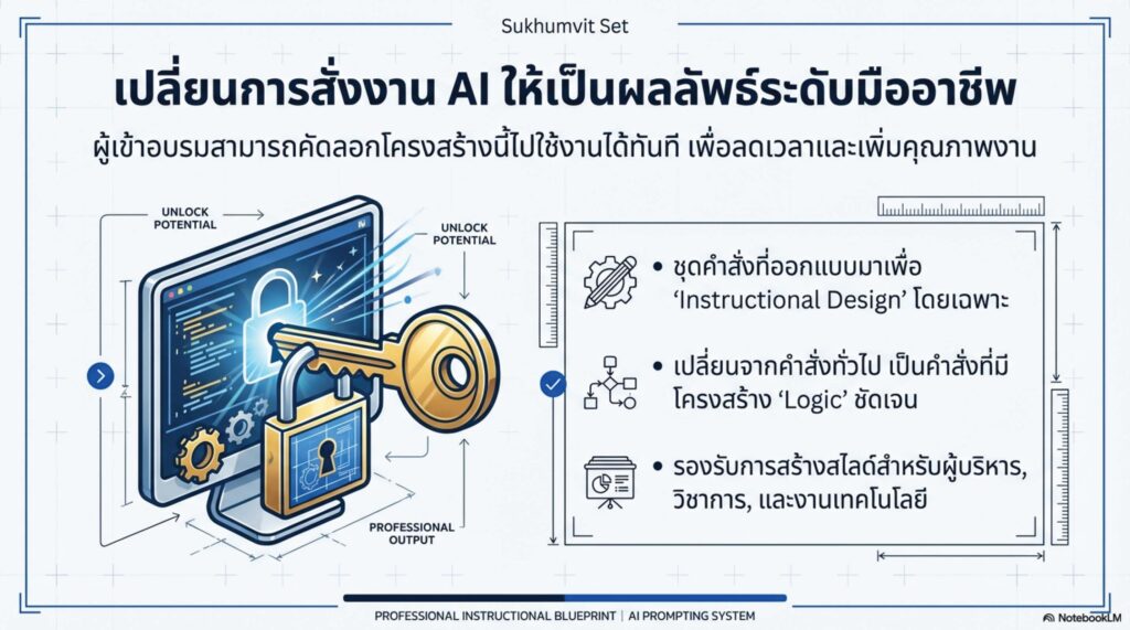 สไตล์ที่ 1 Modern Minimal (เรียบหรู มืออาชีพ) เหมาะกับ: งานระดับนโยบาย / การบรรยายเชิงวิชาการให้บุคลากรมหาวิทยาลัย / เวทีทางการระดับผู้บริหาร (Keynote) การออกแบบ (Visual): ซ้ายข้อความ ขวาภาพ, พื้นหลังสีขาว เทาอ่อน หรือ Navy, ใช้พื้นที่ว่าง (White Space) เยอะ, ตัวอักษรใหญ่ อ่านง่าย, เน้นภาพถ่ายการทำงานจริง (Real-life office) ผสมไอคอนเส้นบาง (Line art) โทนภาษา: ทางการ น่าเชื่อถือ ย่อยง่าย ไม่ใช้ศัพท์เทคนิคที่ซับซ้อนเกินจำเป็