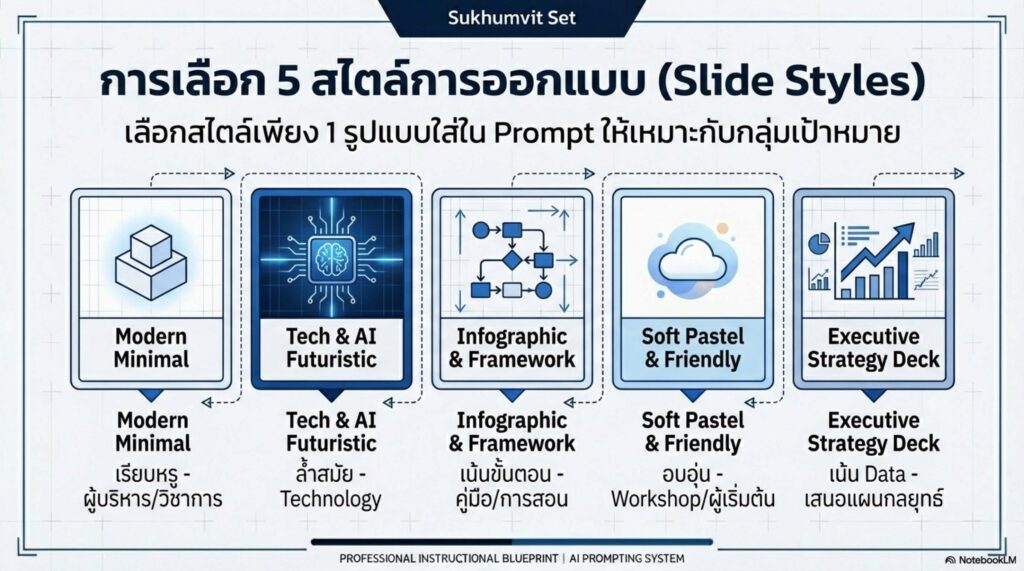 สไตล์ที่ 1 Modern Minimal (เรียบหรู มืออาชีพ) เหมาะกับ: งานระดับนโยบาย / การบรรยายเชิงวิชาการให้บุคลากรมหาวิทยาลัย / เวทีทางการระดับผู้บริหาร (Keynote) การออกแบบ (Visual): ซ้ายข้อความ ขวาภาพ, พื้นหลังสีขาว เทาอ่อน หรือ Navy, ใช้พื้นที่ว่าง (White Space) เยอะ, ตัวอักษรใหญ่ อ่านง่าย, เน้นภาพถ่ายการทำงานจริง (Real-life office) ผสมไอคอนเส้นบาง (Line art) โทนภาษา: ทางการ น่าเชื่อถือ ย่อยง่าย ไม่ใช้ศัพท์เทคนิคที่ซับซ้อนเกินจำเป็น