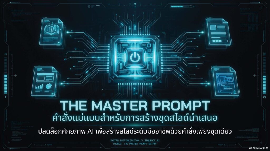 สไตล์ที่ 2 Tech & AI Futuristic (ล้ำสมัย โชว์ศักยภาพ) เหมาะกับ: งานเปิดตัวโปรเจกต์ / การอบรมด้าน Digital Transformation บุคลากรสายเทคโนโลยี การออกแบบ (Visual): สไตล์ Cyber / Tech-driven โทนสีน้ำเงินเข้ม ม่วง และ Cyan Glow, มีกราฟิกเส้นวงจร (Data Nodes), ใช้ภาพ Diagram อธิบาย Workflow, ภาพเปรียบเทียบ Before-After โทนภาษา: ทันสมัย กระตุ้นพลัง (Energetic) โชว์ให้เห็นถึงอนาคตและประสิทธิภาพ