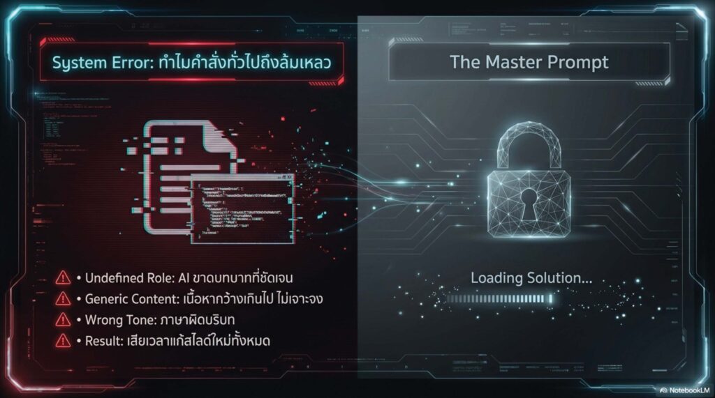 สไตล์ที่ 2 Tech & AI Futuristic (ล้ำสมัย โชว์ศักยภาพ) เหมาะกับ: งานเปิดตัวโปรเจกต์ / การอบรมด้าน Digital Transformation บุคลากรสายเทคโนโลยี การออกแบบ (Visual): สไตล์ Cyber / Tech-driven โทนสีน้ำเงินเข้ม ม่วง และ Cyan Glow, มีกราฟิกเส้นวงจร (Data Nodes), ใช้ภาพ Diagram อธิบาย Workflow, ภาพเปรียบเทียบ Before-After โทนภาษา: ทันสมัย กระตุ้นพลัง (Energetic) โชว์ให้เห็นถึงอนาคตและประสิทธิภาพ