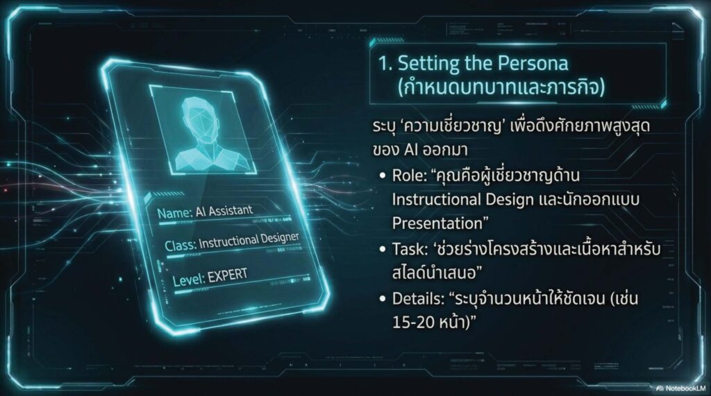สไตล์ที่ 2 Tech & AI Futuristic (ล้ำสมัย โชว์ศักยภาพ) เหมาะกับ: งานเปิดตัวโปรเจกต์ / การอบรมด้าน Digital Transformation บุคลากรสายเทคโนโลยี การออกแบบ (Visual): สไตล์ Cyber / Tech-driven โทนสีน้ำเงินเข้ม ม่วง และ Cyan Glow, มีกราฟิกเส้นวงจร (Data Nodes), ใช้ภาพ Diagram อธิบาย Workflow, ภาพเปรียบเทียบ Before-After โทนภาษา: ทันสมัย กระตุ้นพลัง (Energetic) โชว์ให้เห็นถึงอนาคตและประสิทธิภาพ