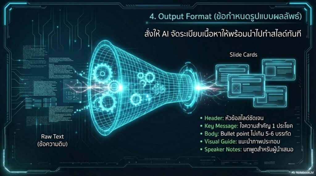 สไตล์ที่ 3 Infographic & Framework (เน้นขั้นตอน เข้าใจง่าย) เหมาะกับ: คู่มือการปฏิบัติงาน / การสอนเครื่องมือที่มี Step-by-step สำหรับอาจารย์มหาวิทยาลัย การออกแบบ (Visual): ข้อมูลจัดเป็น Block ชัดเจน มองปราดเดียวเข้าใจ, ใช้ตัวเลขขนาดใหญ่ (Big Numbers) นำสายตา, เน้นการใช้ Flowchart และ Timeline, ภาพประกอบใช้ Vector Icon แทนข้อความยาว โทนภาษา: เป็นระบบ กระชับ เป็นขั้นเป็นตอน (Step-by-step)