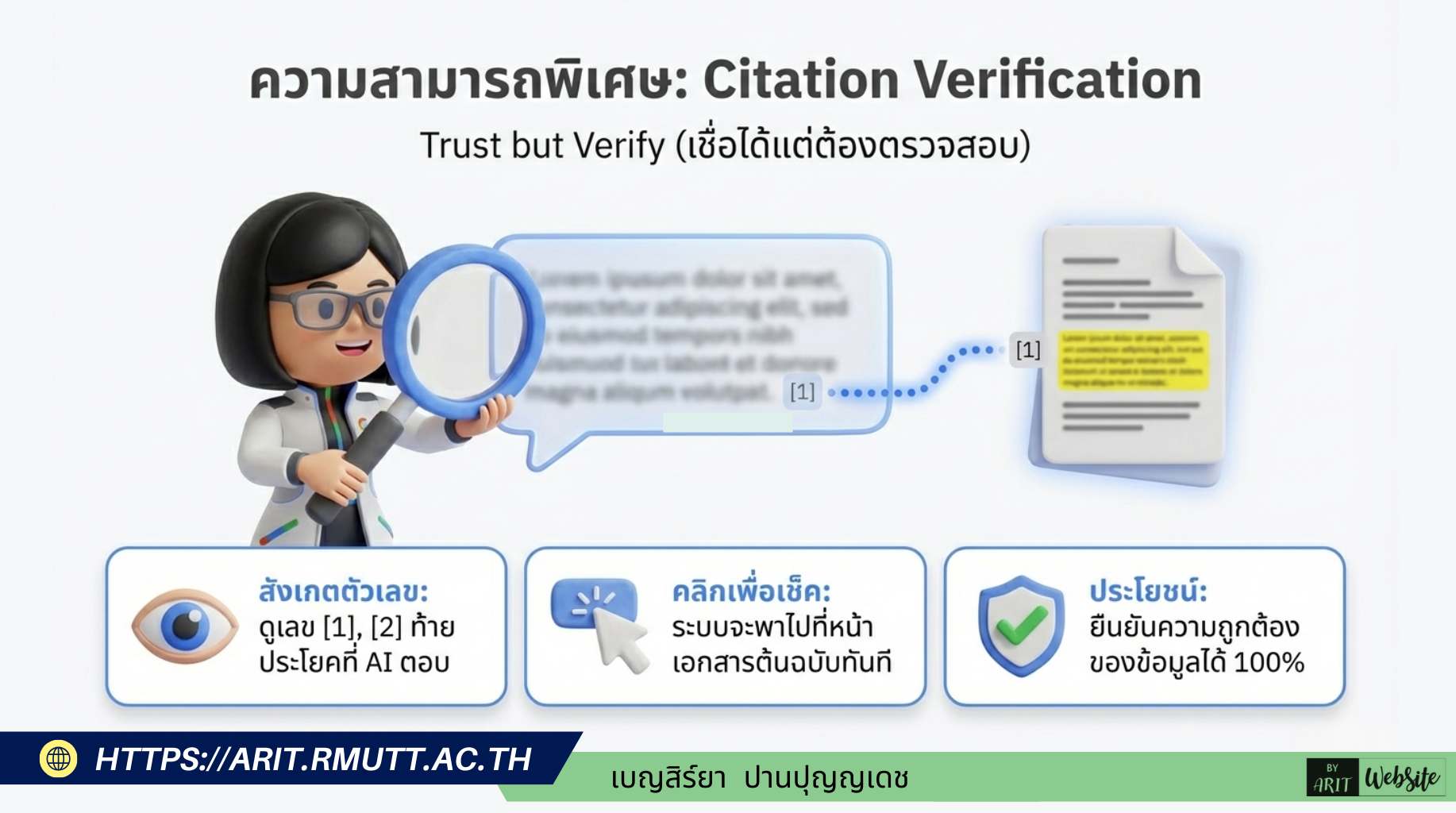 ความสามารถพิเศษที่สำคัญที่สุดของ NotebookLM คือ "Citation Verification" หรือระบบการอ้างอิงและตรวจสอบแหล่งที่มาของข้อมูล ซึ่งสอดคล้องกับหลักการ "Trust but Verify (เชื่อได้แต่ต้องตรวจสอบ)" ความรู้หลักที่ได้จากภาพนี้ แบ่งออกเป็น 3 ประเด็นสำคัญ ได้แก่: 1. สังเกตตัวเลข (ตัวชี้เป้า) ภาพประกอบ: ไอคอนรูปดวงตา คำอธิบาย: เมื่อ AI สรุปหรือตอบคำถาม จะมีตัวเลขกำกับ เช่น [1], [2] ห้อยอยู่ท้ายประโยคเสมอ ตัวเลขเหล่านี้ทำหน้าที่เหมือนเชิงอรรถ (Footnote) 2. คลิกเพื่อเช็ค (การตรวจสอบ) ภาพประกอบ: ไอคอนลูกศรคลิกเมาส์ คำอธิบาย: ผู้ใช้สามารถนำเมาส์ไปคลิกที่ตัวเลขกำกับเหล่านั้นได้ ระบบจะทำหน้าที่พาไปยัง "หน้าเอกสารต้นฉบับ" ทันที พร้อมกับไฮไลท์ข้อความส่วนที่ AI นำมาใช้อ้างอิงให้เห็นอย่างชัดเจน 3. ประโยชน์ (ผลลัพธ์ที่ได้) ภาพประกอบ: ไอคอนโล่ป้องกันที่มีเครื่องหมายติ๊กถูก คำอธิบาย: ฟีเจอร์นี้ช่วย "ยืนยันความถูกต้องของข้อมูลได้ 100%" ทำให้ผู้ใช้มั่นใจได้ว่าข้อมูลที่ AI ตอบมานั้นมีอยู่จริงในเอกสาร ไม่ได้เกิดจากการจินตนาการหรือ "มั่ว" ข้อมูลขึ้นมาเอง (No Hallucination)