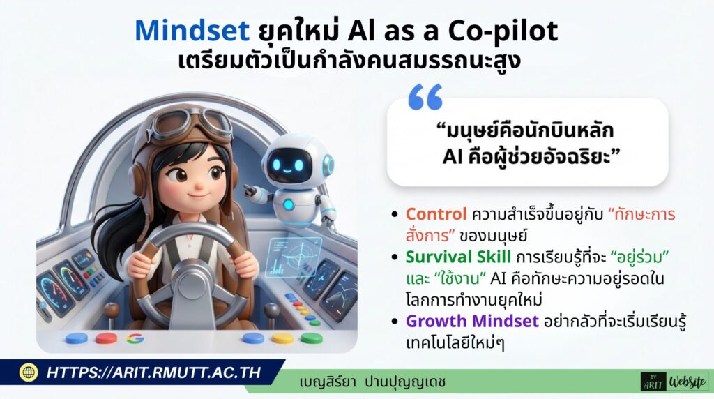 Mindset แห่งอนาคต: มนุษย์คือนักบินหลัก AI คือผู้ช่วยอัจฉริยะ ทักษะความอยู่รอด (Survival Skill) ในโลกการทำงานยุคใหม่ คือการเรียนรู้ที่จะ "อยู่ร่วม" และ "ใช้งาน" AI คนทำงานจำเป็นต้องมี Growth Mindset และปรับเปลี่ยนบทบาทของตัวเองจากผู้ลงมือทำ (User/Doer) ไปสู่การเป็น "ผู้ตรวจทานและตัดสินใจ"