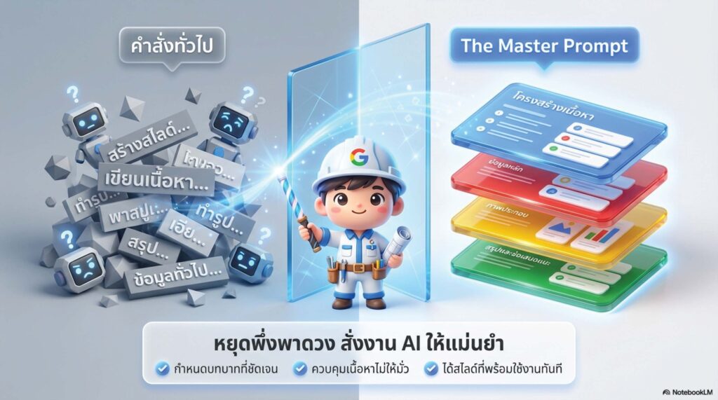 สไลด์โครงสร้างการเขียน Prompt สำหรับออกแบบสไลด์ (The Master Prompt) ด้วย NotebookLM