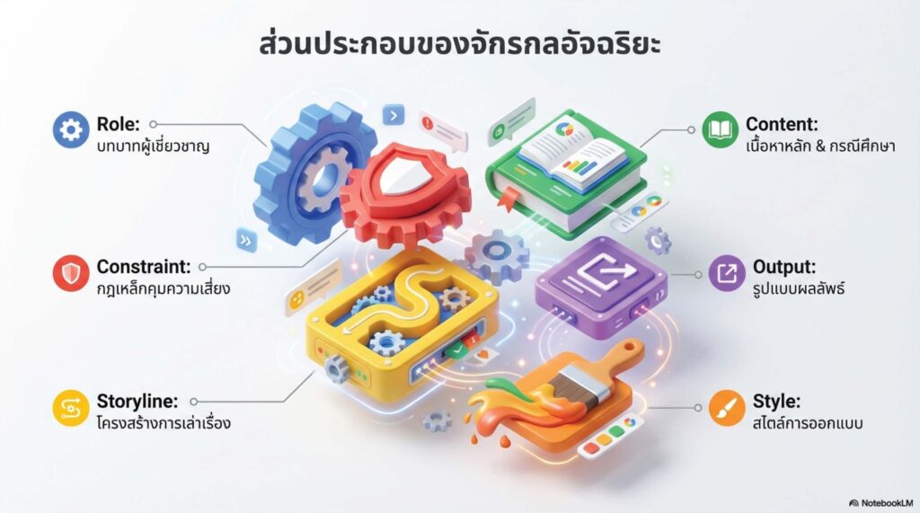 สไลด์โครงสร้างการเขียน Prompt สำหรับออกแบบสไลด์ (The Master Prompt) ด้วย NotebookLM