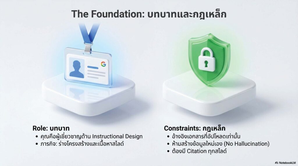 สไลด์โครงสร้างการเขียน Prompt สำหรับออกแบบสไลด์ (The Master Prompt) ด้วย NotebookLM