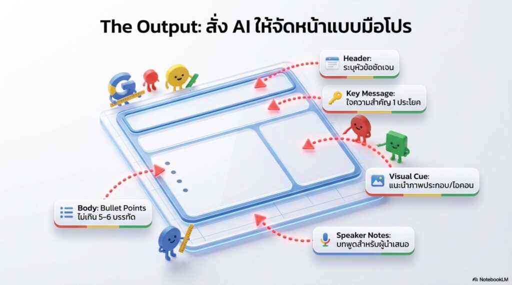 สไลด์โครงสร้างการเขียน Prompt สำหรับออกแบบสไลด์ (The Master Prompt) ด้วย NotebookLM