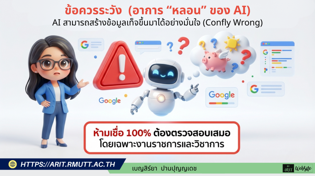 ข้อควรระวัง (อาการ "หลอน" ของ AI) AI สามารถสร้างข้อมูลเท็จขึ้นมาได้อย่างมั่นใจ (Confly Wrong)