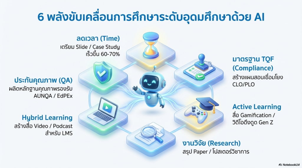 สไตล์ อินโฟกราฟิกการเรียนรู้ สไตล์ 3D Pixar ผสม Chibi น่ารัก ทุกสไตล์เป็นอินโฟกราฟิกการเรียนรู้ สไตล์ 3D Pixar ผสม Chibi น่ารัก ทันสมัย มืออาชีพ โทนสีสดใส ฟ้า ขาว เหลือง เขียว แบบ Google style ตัวละครหลัก AI ผู้ช่วยฉานฉลาด ใช้ฟอนต์ภาษาไทยที่อ่านง่าย ขนาดไม่ต่ำกว่า 24 pt ความละเอียด 300 ppi พื้นหลังสีขาว ข้อมูลเหมาะสำหรับนำเสนอให้กับอาจารย์ระดับมหาวิทยาลัย