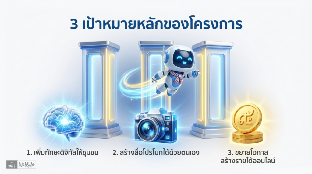 สไตล์ 33D Pixar ผสม Chibi น่ารัก ทันสมัย มืออาชีพ  ใช้ฟอนต์ภาษาไทยที่อ่านง่าย หัวข้อใหญ่ 45pt, เนื้อหา 26pt ความละเอียด 300 ppi สไตล์ 3D Pixar ผสม Chibi น่ารัก ทันสมัย มืออาชีพ โทนสีสดใส ฟ้า ขาว เหลือง เขียว แบบ Google style ตัวละครหลัก AI ผู้ช่วยฉานฉลาด