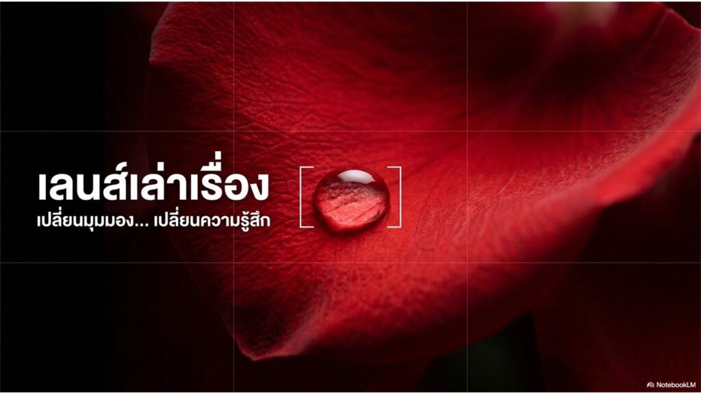 สร้างสไลด์สไตล์สมจริง แนะนำมุมมองการถ่ายภาพขนาดตัวอักษร 30pt ความละเอีย 300dpi ภาษาเหมาะกับนักเรียนมัธยมปลาย เน้นตัวอย่างเป็นวัตถุ หรือดอกไม้