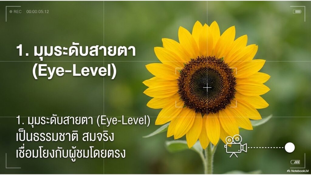 สร้างสไลด์สไตล์สมจริง แนะนำมุมมองการถ่ายภาพขนาดตัวอักษร 30pt ความละเอีย 300dpi ภาษาเหมาะกับนักเรียนมัธยมปลาย เน้นตัวอย่างเป็นวัตถุ หรือดอกไม้