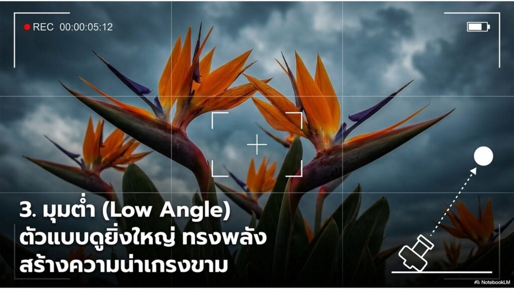 สร้างสไลด์สไตล์สมจริง แนะนำมุมมองการถ่ายภาพขนาดตัวอักษร 30pt ความละเอีย 300dpi ภาษาเหมาะกับนักเรียนมัธยมปลาย เน้นตัวอย่างเป็นวัตถุ หรือดอกไม้