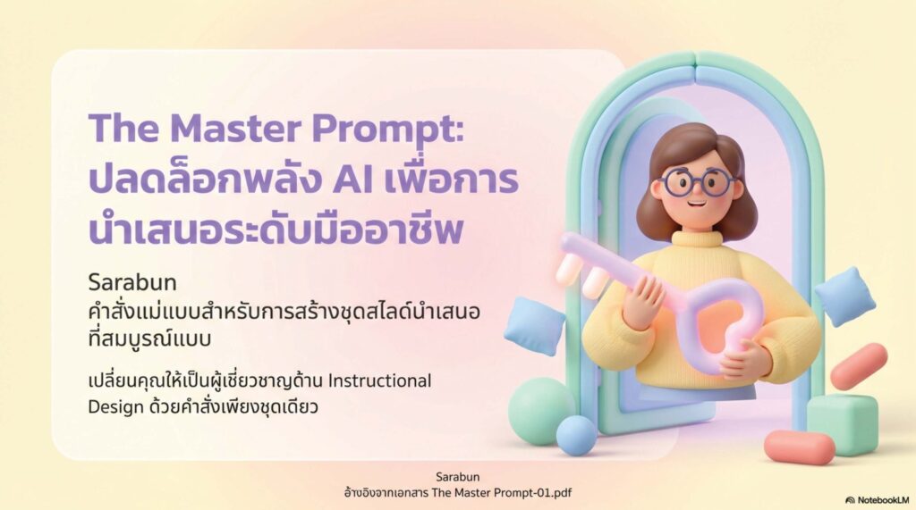 สไตล์ที่ 4 Soft Pastel & Friendly (อบรมเชิงปฏิบัติการ / ผู้เริ่มต้น) เหมาะกับ: เวิร์กช็อปที่ต้องการความผ่อนคลาย ลดความเกร็งของผู้เรียน (บุคลากรสายสนับสนุน) การออกแบบ (Visual): โทนสี Soft Pastel (ชมพูอ่อน ม่วงอ่อน ฟ้าพาสเทล ครีม), มีภาพประกอบตัวละคร 3D หรือคนทำงานอย่างมีความสุข, ต้องเว้นพื้นที่สำหรับหน้า "Workshop Activity" ชัดเจน, มีสไลด์กิจกรรมทุก 4-5 หน้า โทนภาษา: เป็นกันเอง อบอุ่น เป็นมิตร ให้กำลังใจ (Encouraging) และกระตุ้นการลงมือทำ