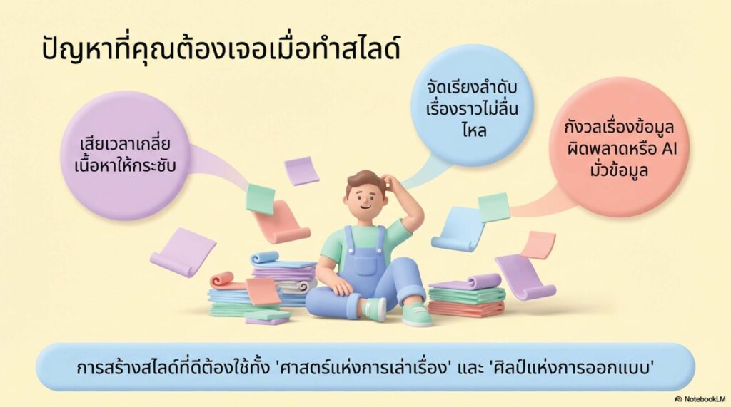 สไตล์ที่ 4 Soft Pastel & Friendly (อบรมเชิงปฏิบัติการ / ผู้เริ่มต้น) เหมาะกับ: เวิร์กช็อปที่ต้องการความผ่อนคลาย ลดความเกร็งของผู้เรียน (บุคลากรสายสนับสนุน) การออกแบบ (Visual): โทนสี Soft Pastel (ชมพูอ่อน ม่วงอ่อน ฟ้าพาสเทล ครีม), มีภาพประกอบตัวละคร 3D หรือคนทำงานอย่างมีความสุข, ต้องเว้นพื้นที่สำหรับหน้า "Workshop Activity" ชัดเจน, มีสไลด์กิจกรรมทุก 4-5 หน้า โทนภาษา: เป็นกันเอง อบอุ่น เป็นมิตร ให้กำลังใจ (Encouraging) และกระตุ้นการลงมือทำ