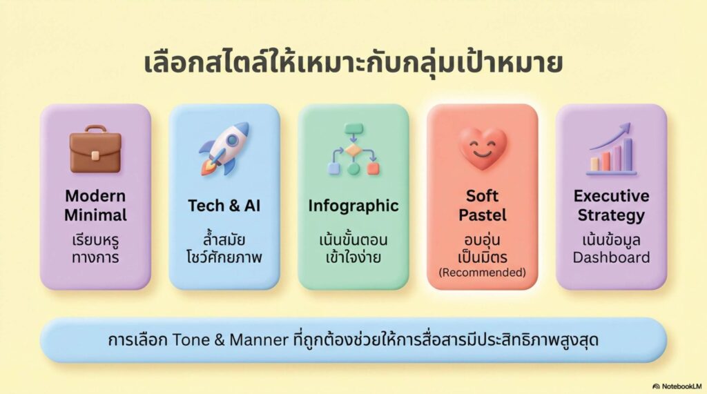 สไตล์ที่ 4 Soft Pastel & Friendly (อบรมเชิงปฏิบัติการ / ผู้เริ่มต้น) เหมาะกับ: เวิร์กช็อปที่ต้องการความผ่อนคลาย ลดความเกร็งของผู้เรียน (บุคลากรสายสนับสนุน) การออกแบบ (Visual): โทนสี Soft Pastel (ชมพูอ่อน ม่วงอ่อน ฟ้าพาสเทล ครีม), มีภาพประกอบตัวละคร 3D หรือคนทำงานอย่างมีความสุข, ต้องเว้นพื้นที่สำหรับหน้า "Workshop Activity" ชัดเจน, มีสไลด์กิจกรรมทุก 4-5 หน้า โทนภาษา: เป็นกันเอง อบอุ่น เป็นมิตร ให้กำลังใจ (Encouraging) และกระตุ้นการลงมือทำ