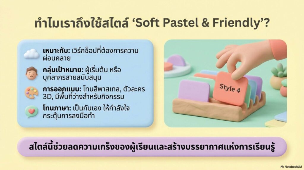 สไตล์ที่ 4 Soft Pastel & Friendly (อบรมเชิงปฏิบัติการ / ผู้เริ่มต้น) เหมาะกับ: เวิร์กช็อปที่ต้องการความผ่อนคลาย ลดความเกร็งของผู้เรียน (บุคลากรสายสนับสนุน) การออกแบบ (Visual): โทนสี Soft Pastel (ชมพูอ่อน ม่วงอ่อน ฟ้าพาสเทล ครีม), มีภาพประกอบตัวละคร 3D หรือคนทำงานอย่างมีความสุข, ต้องเว้นพื้นที่สำหรับหน้า "Workshop Activity" ชัดเจน, มีสไลด์กิจกรรมทุก 4-5 หน้า โทนภาษา: เป็นกันเอง อบอุ่น เป็นมิตร ให้กำลังใจ (Encouraging) และกระตุ้นการลงมือทำ
