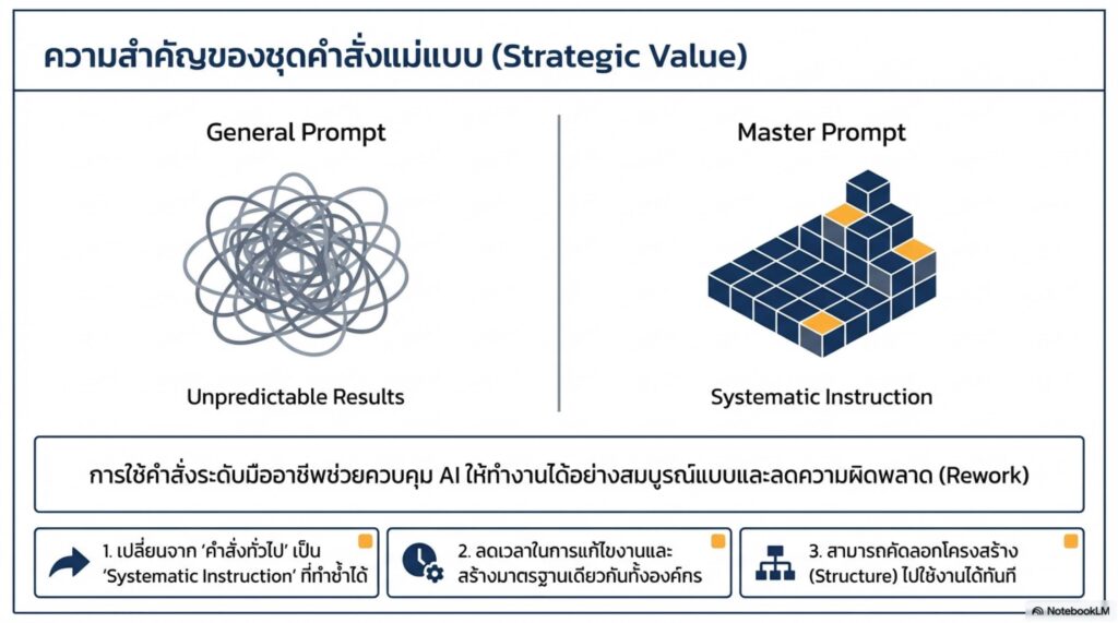 สไตล์ที่ 5 Executive Strategy Deck (กระชับ เน้นแผนงาน) เหมาะกับ: เสนอแผน นำเสนอกลยุทธ์ ขออนุมัติงบประมาณจากผู้บริหาร การออกแบบ (Visual): จัดวาง Layout แบบ Dashboard ดูสะอาดตา, เน้น Data Visualization (กราฟแท่ง, Pie Chart, SWOT Matrix, Roadmap Timeline 1-3 ปี) โทนภาษา: หนักแน่น เฉียบขาด ต้องมี Insight เชิงวิเคราะห์ นำเสนอผลลัพธ์ (Outcome-oriented) และตัวเลข KPI ที่ชัดเจน