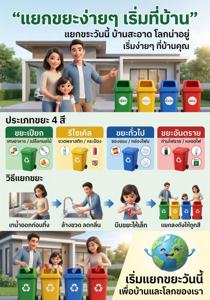 ไม่ใช่การ์ตูนหัวโตเกินจริง แต่เป็น semi-realistic 3D character บรรยากาศบ้านไทยร่วมสมัย (modern Thai house), สะอาด น่าอยู่