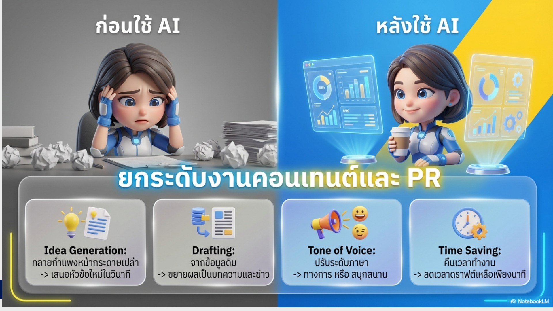 ทำความรู้จักกับ AI ในโลกปัจจุบัน (The AI Era) Definition ปัญญาประดิษฐ์ไม่ใช่แค่หุ่นยนต์ แต่คือซอฟต์แวร์ที่เรียนรู้และคิดวิเคราะห์เพื่อช่วยมนุษย์แก้ปัญหา Generative AI in Action เน้นย้ำพลังของการ “สร้างสรรค์” เนื้อหาใหม่ (Text, Image, Code) ที่ลดขั้นตอนจาก 0 ไปถึง 80 ได้ในพริบตา AI กับความยั่งยืน การใช้ AI เพื่อลดภาระงานซ้ำซ้อน (Low-value tasks) เพื่อให้คนทำงานได้โฟกัสกับงานที่มีคุณค่าสูง (High-value tasks) ซึ่งเป็นการบริหารทรัพยากรมนุษย์ที่ยั่งยืนที่สุด ทำไมต้องใช้ AI Assistant? คุณเคยรู้สึกไหมคะว่างานรูทีนในแต่ละวัน เช่น การร่างบันทึกข้อความหรือสรุปรายงานการประชุม ใช้พลังงานและเวลาเราไปมหาศาล วันนี้เรา จะขอพาทุกท่านมา ‘ลงมือทำจริง’ ในหลักสูตร Generative AI in Action ค่ะ เราจะมาเปลี่ยนวิธีทำงานแบบเดิมๆ ด้วยการใช้ AI Assistant มาเป็นผู้ช่วยส่วนตัว เพื่อให้ทุกท่านกลายเป็นกำลังคนสมรรถนะสูงที่ทำงานได้รวดเร็วและแม่นยำกว่าที่เคยค่ะ ในยุคปัจจุบัน AI ไม่ใช่เรื่องไกลตัว แต่เป็นเครื่องมือที่ช่วยลดภาระงานซ้ำซ้อน (Routine Tasks) เพื่อให้ท่านมีเวลาโฟกัสกับงานที่มีคุณค่าสูง (High-Value Tasks) Efficiency ลดเวลาการทำงานเอกสารจาก 1 ชั่วโมง เหลือ 10 นาที Quality ตรวจสอบความถูกต้องของภาษาและข้อมูล Accessibility ช่วยให้คนที่ไม่มีทักษะเทคนิคทำงานยากๆ ได้ (เช่น เขียนสูตร Excel)