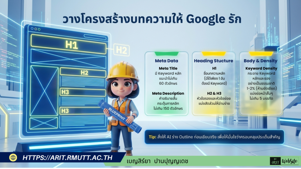 การวางโครงสร้างบทความ SEO และเขียนบทความฉบับสมบูรณ์ บทความที่ดีต้องมีโครงสร้าง Heading ที่ชัดเจน ซึ่งช่วยทั้งผู้อ่านที่ Scan หาข้อมูล และ Google ที่ต้องการเข้าใจว่าบทความพูดถึงอะไร ระบบ Heading H1, H2, H3