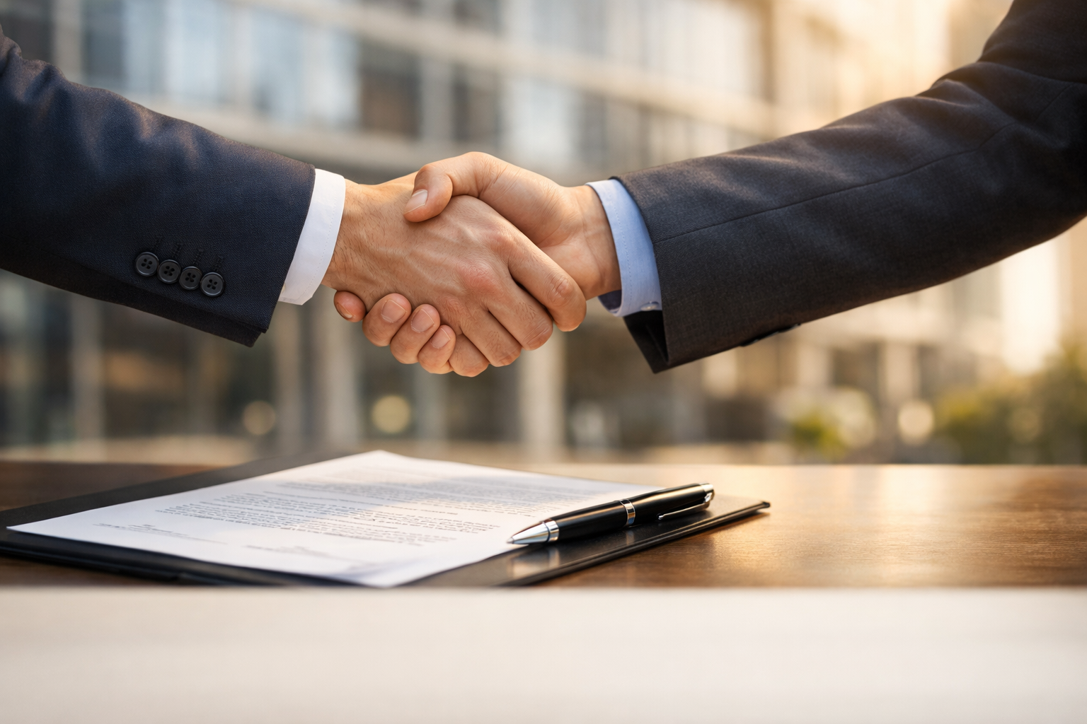 Two business executives shaking hands over documents and a signing pen, blurred office building in background, photorealistic corporate style, warm tone with natural clear lighting, no visible faces, no text in the image, leave blank space at the bottom for event details, image size 2500x1399px ภาพจาก AI