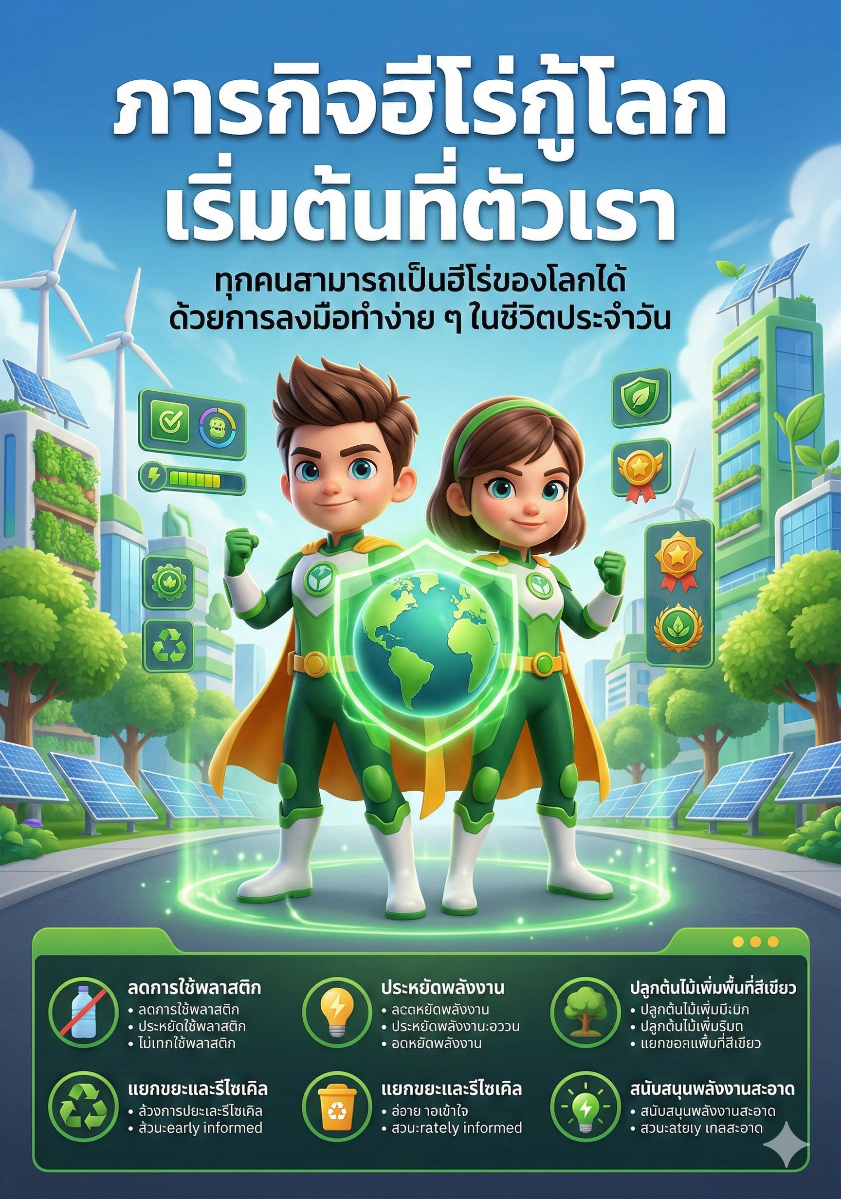 อินโฟกราฟิกสไตล์ 3D Pixar แบบเกมผจญภัยกู้โลก ขนาดโปสเตอร์ A3 เหมาะสำหรับงานสั่งพิมพ์ โทนสีสดใสเน้นความหวังและพลังบวก จัดวางองค์ประกอบเหมือนหน้าเกมแนว Hero Mission มีตัวละครฮีโร่เด็กชาย–เด็กหญิง 3D ใส่ชุดกู้โลกยืนเด่นกลางภาพ ถือโล่โลกหรือพลังงานสีเขียว ด้านหลังเป็นฉากเมืองอนาคตสีสดใส ต้นไม้ ความยั่งยืน และพลังงานสะอาด มีเอฟเฟกต์แสงแบบ Pixar