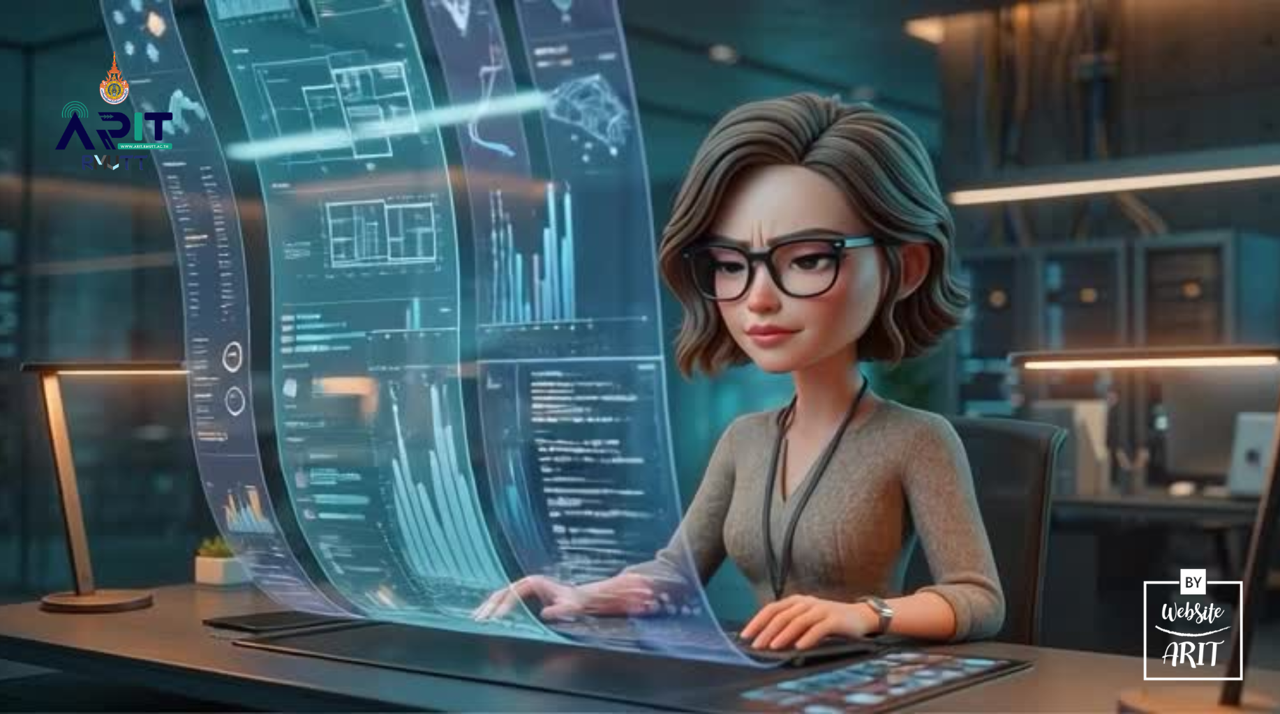 ฉากที่ 1: การตระหนักรู้ (Awareness) • Visual: Maya นั่งที่โต๊ะทำงานกว้างขวาง เห็นบรรยากาศออฟฟิศไฮเทคด้านหลัง แสงสีฟ้าจากจอสะท้อนใบหน้า