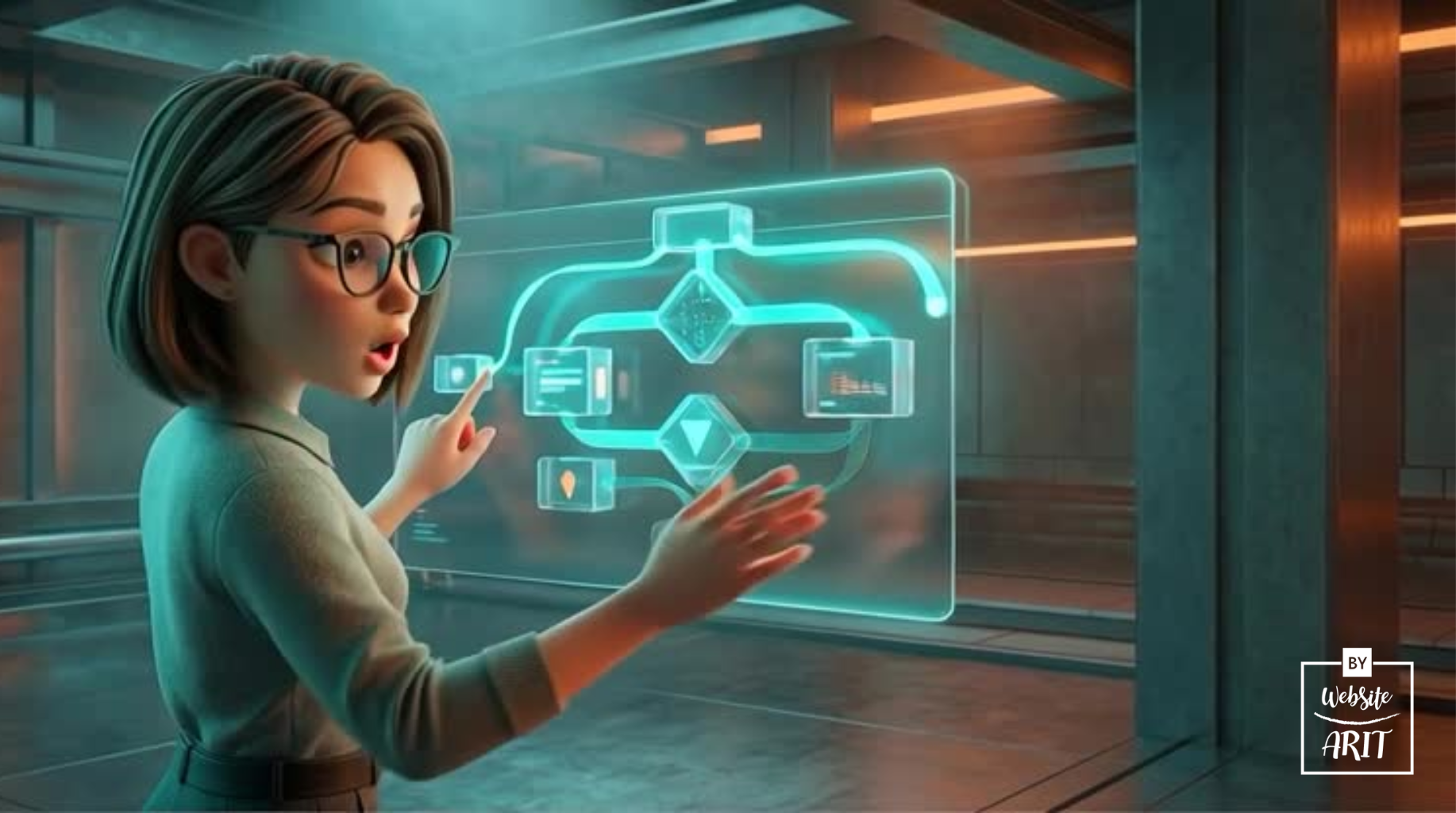 ฉากที่ 2: ความโปร่งใส (Transparency) • Visual: ภาพมุมข้าง (Side profile) เห็น Maya กำลังเลื่อนมือบนหน้าจอดิจิทัลกว้างๆ เพื่อตรวจสอบอัลกอริทึม