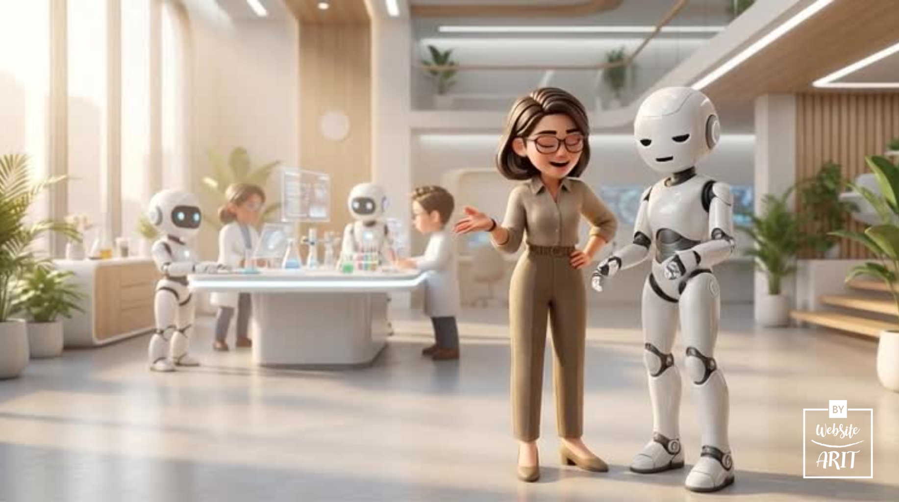 ฉากที่ 4: ความรับผิดชอบต่อสังคม (Responsibility) • Visual: Maya ยืนกลางห้องโถงกว้าง คุยกับหุ่นยนต์ AI และมีทีมงานอยู่ไกลๆ สื่อถึงสังคมที่อยู่ร่วมกับเทคโนโลยีอย่างลงตัว