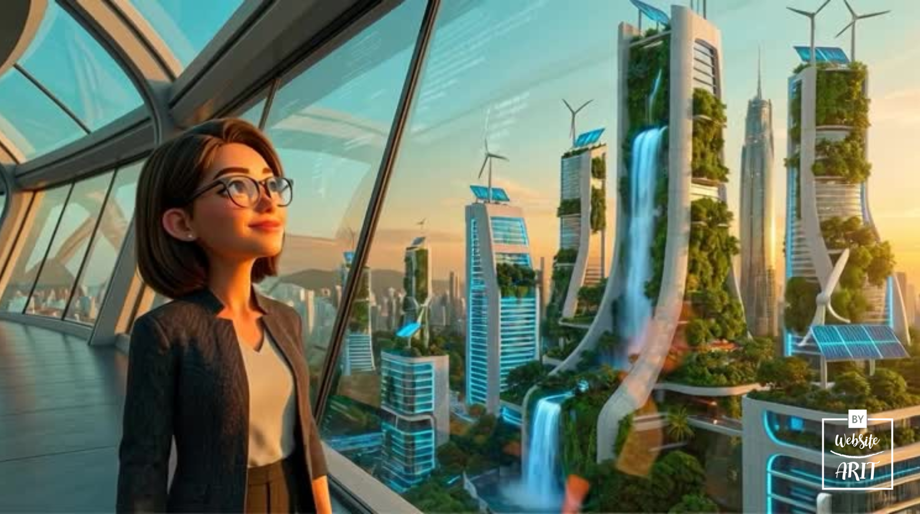 ฉากที่ 5: อนาคตที่ยั่งยืน (Future) • Visual: ภาพ Maya ยืนอยู่ริมหน้าต่างกระจกบานใหญ่ เห็นทัศนียภาพเมือง Smart City ที่เขียวขจีในยามเย็น