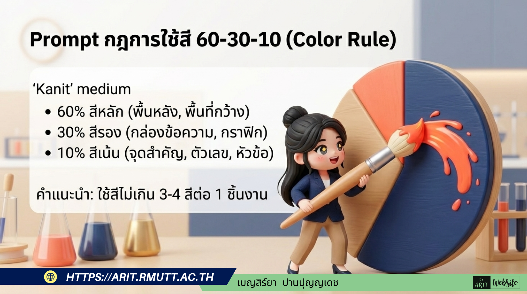 ส่วนที่ 8 กฎการใช้สี 60-30-10 (Color Rule) กฎ 60-30-10 คือสูตรสัดส่วนสีที่นักออกแบบมืออาชีพทั่วโลกใช้สร้างความสมดุล ความน่าดู และความน่าเชื่อถือให้กับงานกราฟิก