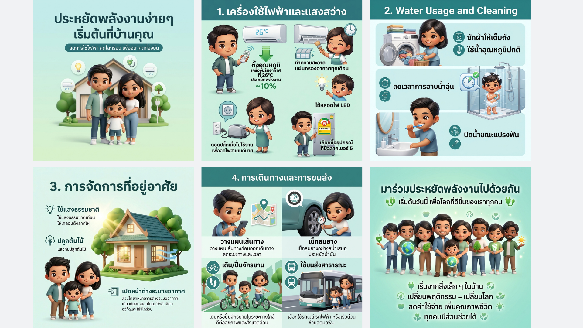 การประหยัดพลังงานในชีวิตประจำวันไม่เพียงแต่ช่วยลดค่าใช้จ่ายในกระเป๋า แต่ยังเป็นส่วนสำคัญในการลดการปล่อยก๊าซเรือนกระจกที่ส่งผลกระทบต่อสิ่งแวดล้อมด้วย โดยสามารถแบ่งแนวทางปฏิบัติที่ทำได้จริง