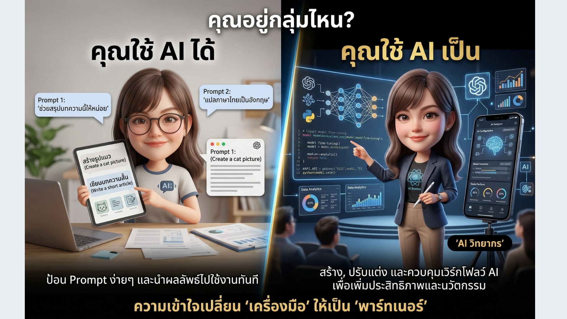 คำถามชวนคิด คุณใช้ AI ได้ หรือ คุณใช้ AI เป็น? คำถามสำคัญที่จะเปลี่ยนอนาคตในการนำ AI มาประยุกต์ใช้ในงาน หรือชีวิต สวัสดีคะทุกคน! วันนี้มีคำถามชวนคิดมาฝาก... ในยุคที่ AI แทรกซึมเข้ามาในทุกวงการ เราทุกคนต่างพยายามปรับตัวและนำ AI มาช่วยงาน แต่ลองสังเกตดูดีๆ ไหมคะว่า ความสามารถในการใช้งาน AI ของแต่ละคนนั้น ไม่เท่ากัน ภาพนี้จะช่วยให้คุณเห็นภาพชัดเจนขึ้นว่าความแตกต่างระหว่าง "แค่ใช้ได้" กับ "ใช้เป็น" คืออะไร? ด้านซ้าย: คุณใช้ AI ได้ (แค่ป้อน Prompt ง่ายๆ) เหมือนเรามีเครื่องมือวิเศษ แต่เรายังใช้แค่งานพื้นฐาน เช่น: -ให้สรุปบทความ -สั่งสร้างรูปง่ายๆ -ช่วยคิดหัวข้อคอนเทนต์ ผลลัพธ์: งานเสร็จไวขึ้น แต่ยังเป็นงานรูปแบบเดิมๆ ด้านขวา: คุณใช้ AI เป็น (สร้าง, ปรับแต่ง และควบคุมเวิร์กโฟลว์) นี่คือระดับของ "AI วิทยากร" หรือ "AI Specialist" ที่เข้าใจลึกซึ้ง -ออกแบบ Prompt ที่ซับซ้อน (Advanced Prompt Engineering) -เชื่อมต่อ AI เข้ากับโปรเจกต์งานจริง เช่น การวิเคราะห์ข้อมูล -สร้าง Workflow อัตโนมัติ (AI Automation) -สั่งการ AI ผ่าน Code หรือ API (เช่น Python) เพื่อผลลัพธ์ที่ต้องการเป๊ะๆ ผลลัพธ์: สร้างนวัตกรรม เพิ่มประสิทธิภาพแบบก้าวกระโดด และเปลี่ยน AI ให้กลายเป็น "พาร์ทเนอร์" ที่รู้ใจ 