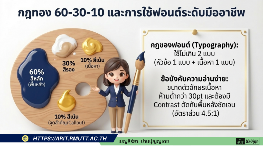 กฎการใช้สี (60-30-10 Rule): ใช้สีหลัก 60% สีรอง 30% และสีเน้น 10% ควรเลือกโทนสีที่ดูเป็นมืออาชีพ เช่น น้ำเงินเข้ม เขียวเข้ม หรือเทา การเลือกฟอนต์: ใช้ฟอนต์ภาษาไทยที่อ่านง่าย เช่น Sarabun, Prompt, Kanit และภาษาอังกฤษ เช่น Inter, Roboto (แนะนำใช้ไม่เกิน 2 แบบต่อ 1 โปสเตอร์)